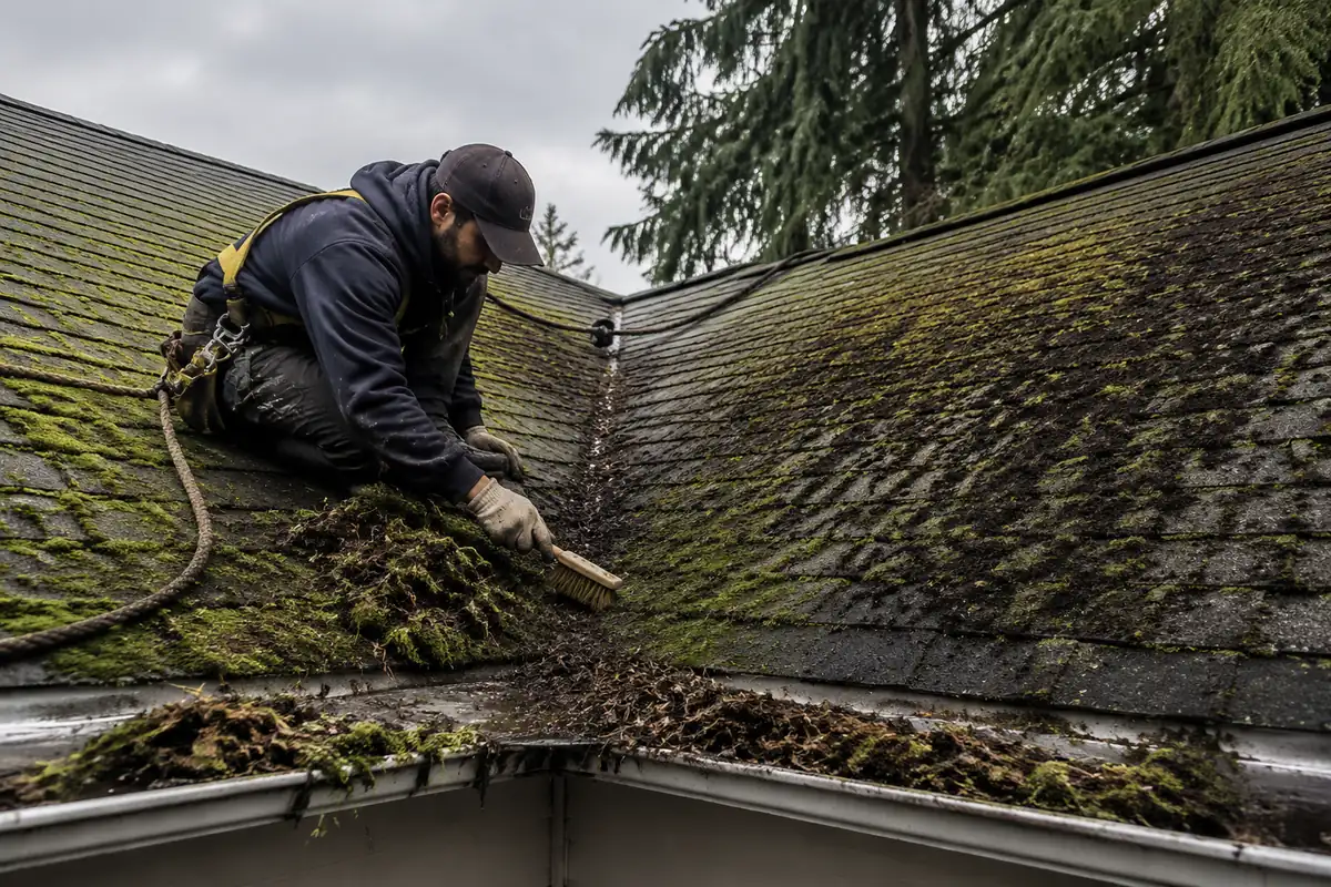 Roof Moss & Algae Treatment underway on a property in Federal Way, WA