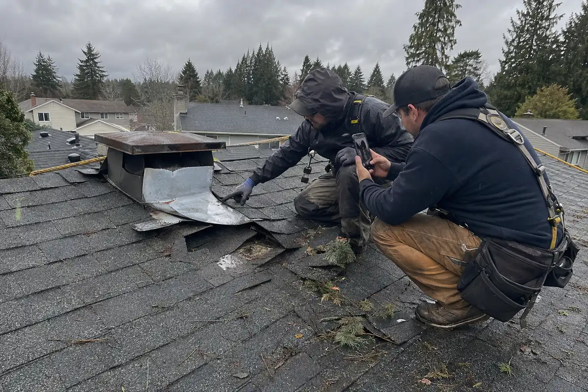 Storm Damage Roof Repair underway on a property in Federal Way, WA