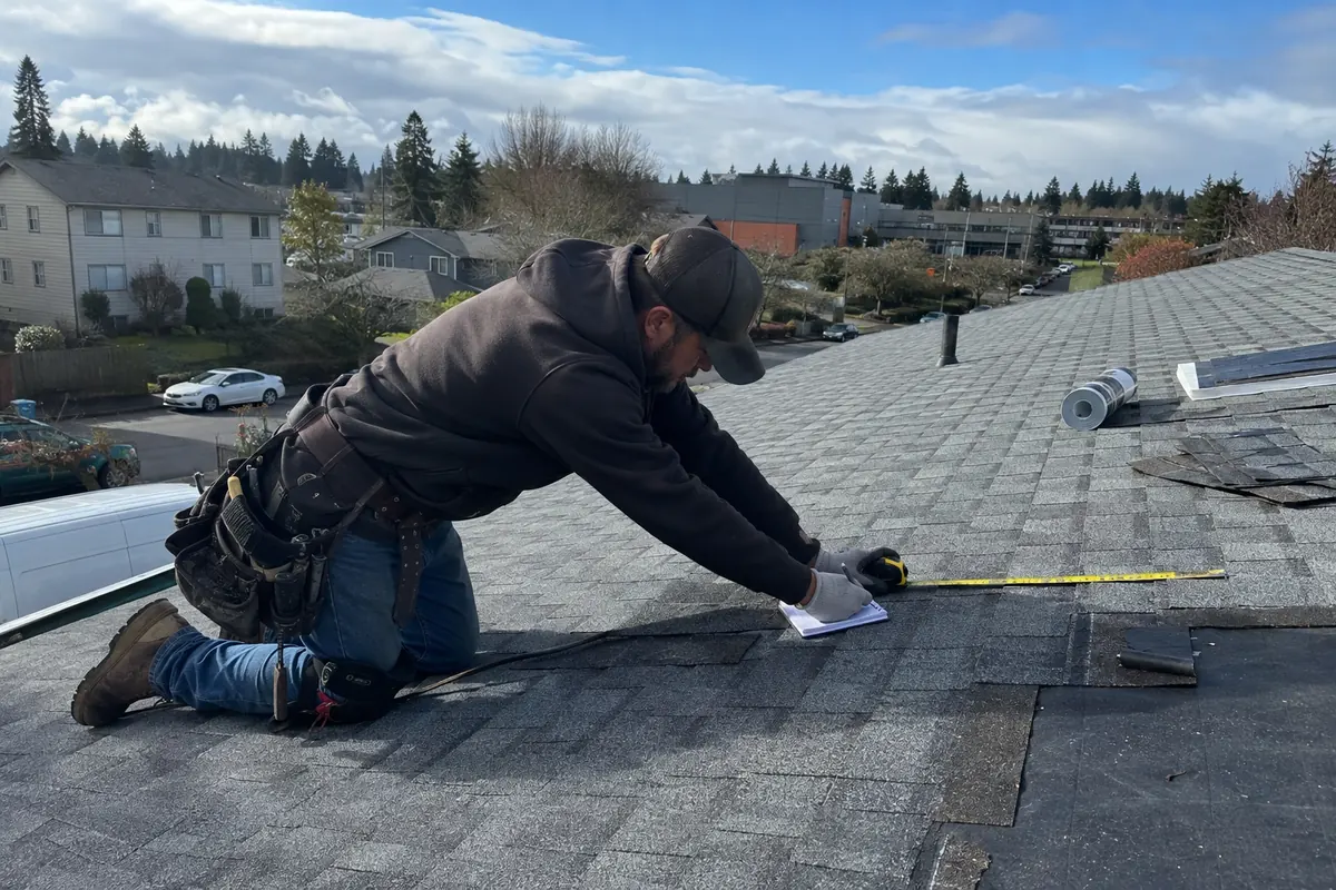 Roofing crew working on a property in Tukwila, WA